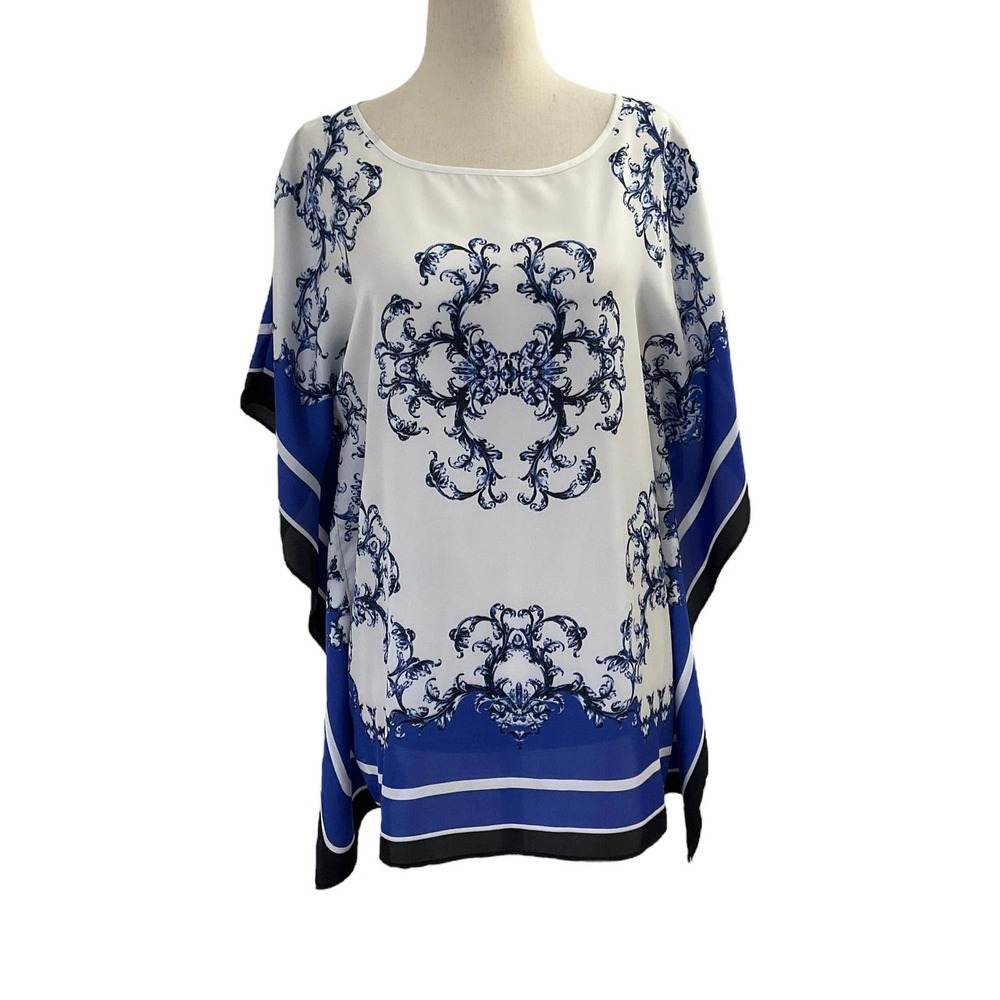 Dana Buchman White & Blue Scarf Satin‎ Blouse Women Size XS | 47-21